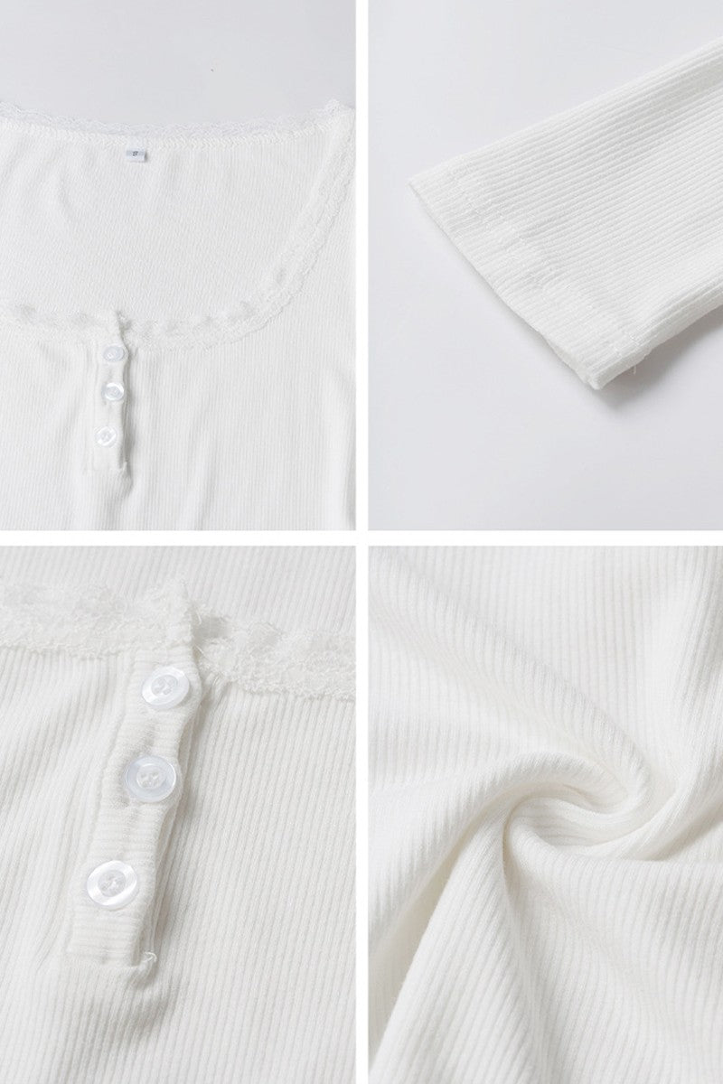 Ribbed Long-Sleeve Top with Lace Trim Neckline and Button Accents – Casual Elegance in Every Detail